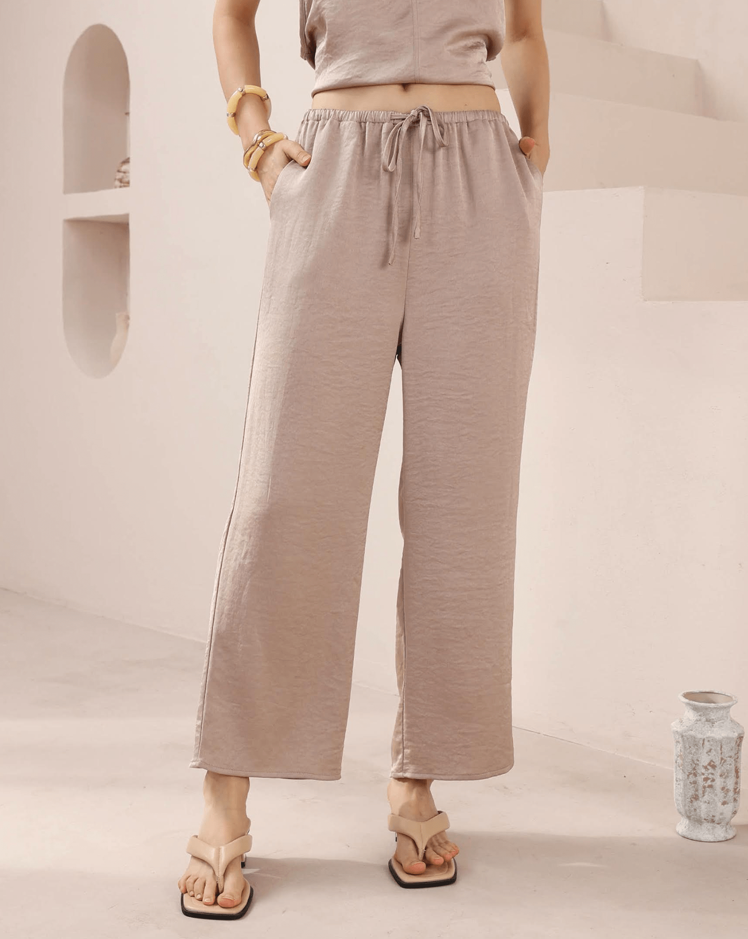 Iris Maxi Iris Maxi Lounge Pant Iris Maxi Wide Leg Pant - Beige/Black Splash Swimwear Pants