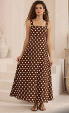Iris Maxi Iris Maxi Maxi Dress - Brown Polka Dot Iris Maxi Maxi Dress - Brown Polka Dot Splash Swimwear Dresses