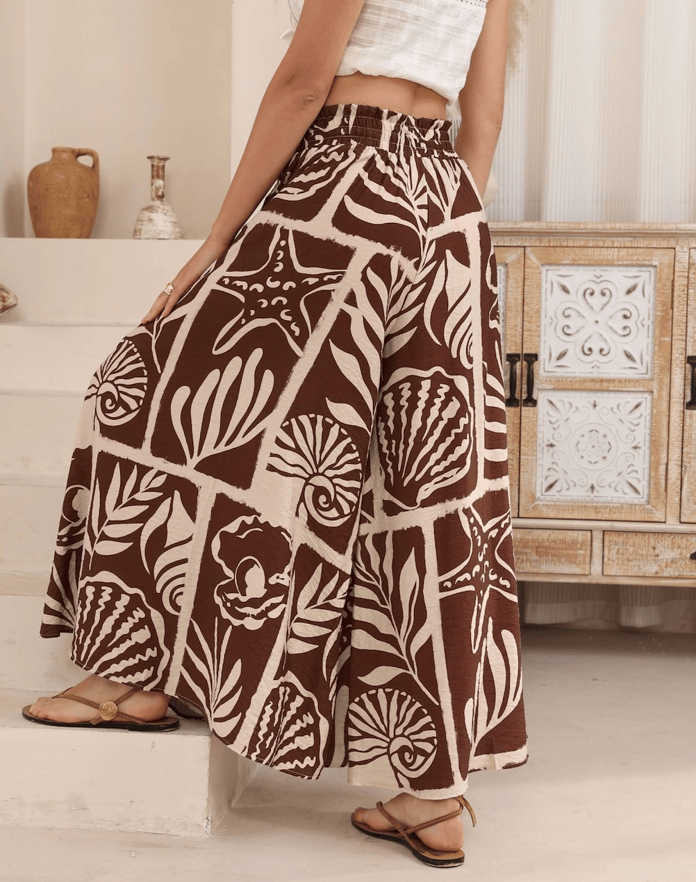 Iris Maxi Iris Maxi Mocha Sea Shells Wide Leg Pant Iris Maxi Mocha Sea Shells Wide Leg Pant Splash Swimwear Womens Pants