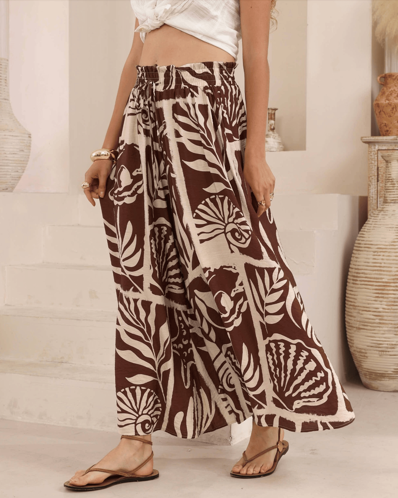 Iris Maxi Iris Maxi Mocha Sea Shells Wide Leg Pant Iris Maxi Mocha Sea Shells Wide Leg Pant Splash Swimwear Womens Pants