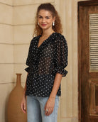 Iris Maxi Iris Maxi Polka Dot Frill Shirt - Black/White Iris Maxi Wide Leg Pant - Beige/Black Splash Swimwear Tops