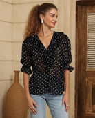 Iris Maxi Iris Maxi Polka Dot Frill Shirt - Black/White Iris Maxi Wide Leg Pant - Beige/Black Splash Swimwear Tops