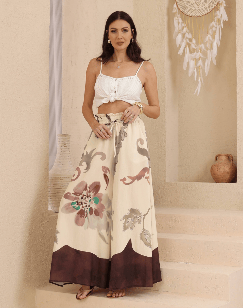 Iris Maxi Iris Maxi Watercolour Floral Wide Leg Pants - Choc Iris Maxi Watercolour Floral Wide Leg Pants - Choc Splash Swimwear Womens Pants
