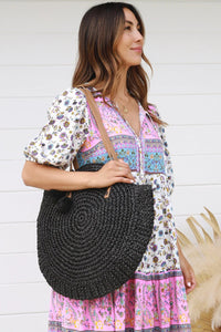 Isabella The Label Large Round Straw Bag With Brown Straps - Black DZ0361 Splash Swimwear Bags 1000017574