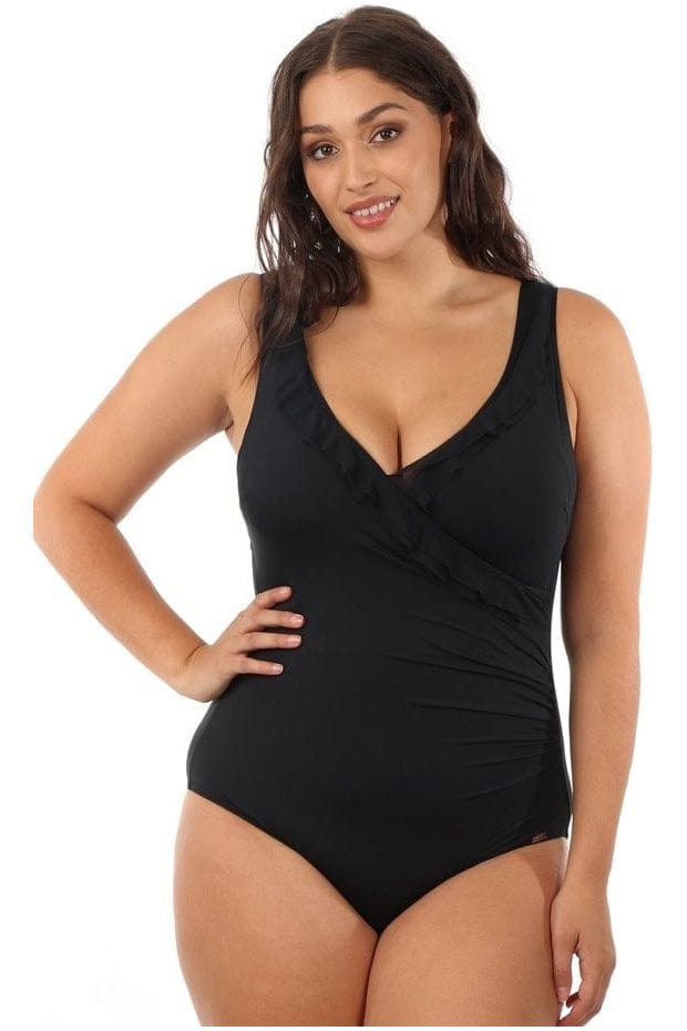 Jantzen One Pieces Cosmo Mesh Frill Cross Front One Piece - Black Jantzen Cosmo Mesh Frill Cross Front One Piece - Black