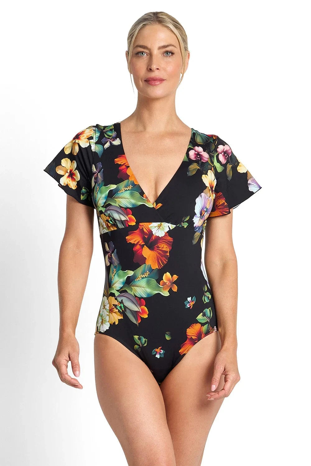 Jantzen Jantzen Hibiscus Flutter Sleeve One Piece - Black Jantzen Hibiscus Flutter Sleeve One Piece - Black Splash Swimwear