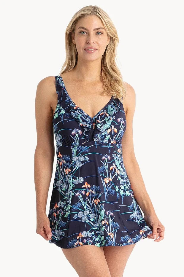 Jantzen Maja Mesh Ruffle Swim Dress One Piece - Navy Maja Mesh Ruffle Swim Dress One Piece - Navy Splash Swimwear