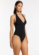 Jets Jets Jetset Plunge Halter Tie One Piece - Black Jets Jetset Plunge Halter Tie One Piece - Black Splash Swimwear Womens Swimwear
