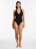 Jets Jets Jetset Plunge Halter Tie One Piece - Black Jets Jetset Plunge Halter Tie One Piece - Black Splash Swimwear Womens Swimwear