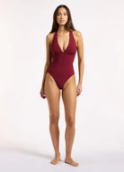 Jets Jets Jetset Plunge Halter Tie One Piece - Burgundy Jets Jetset Plunge Halter Tie One Piece - Burgundy Splash Swimwear One Piece