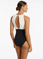 Jets Jets Versa Rib Cut Out High Neck One Piece- Black/Cream Jets Versa Rib Cut Out High Neck One Piece- Black/Cream Splash Swimwear Womens Swimwear