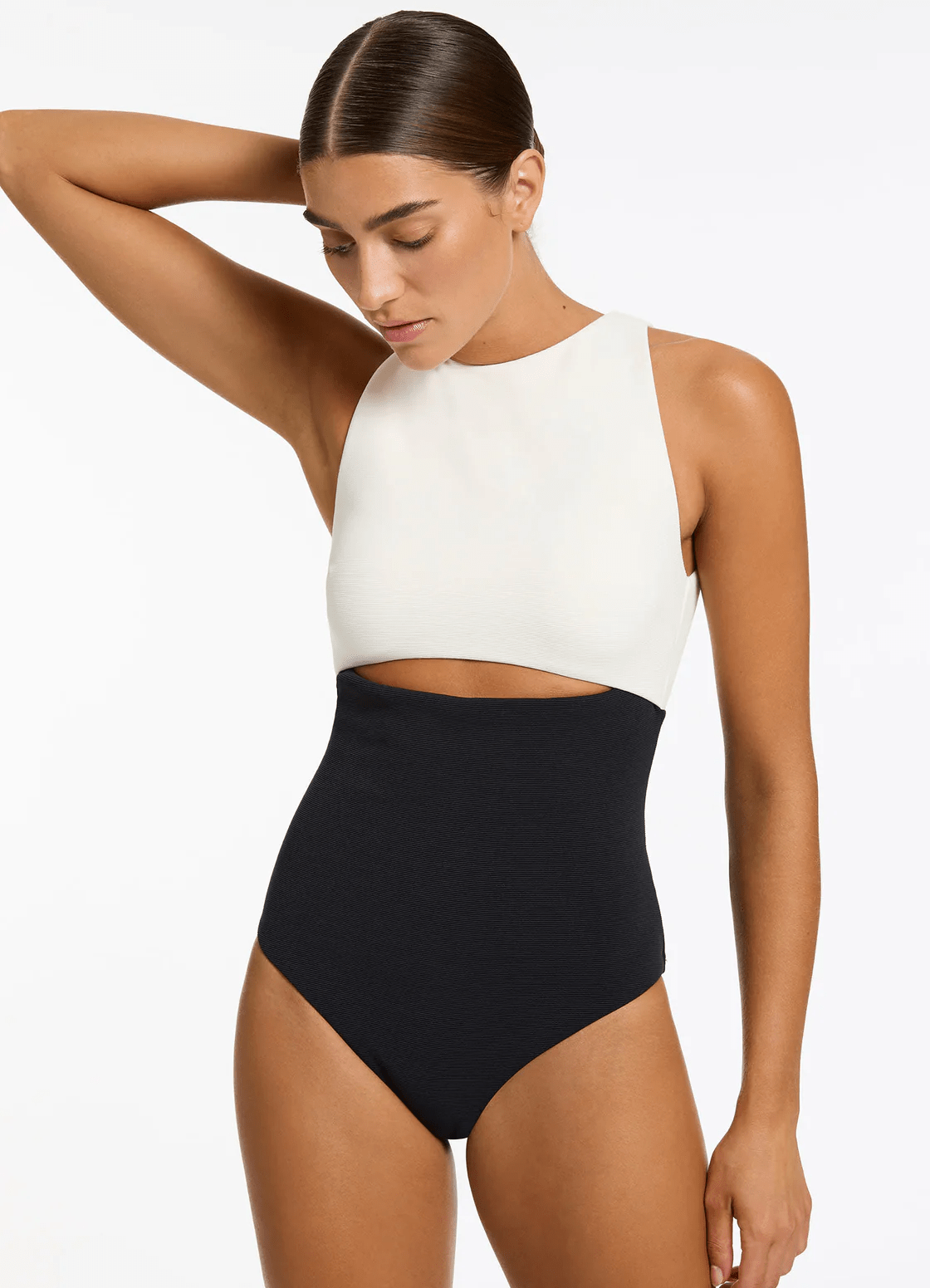 Jets Jets Versa Rib Cut Out High Neck One Piece- Black/Cream Jets Versa Rib Cut Out High Neck One Piece- Black/Cream Splash Swimwear Womens Swimwear