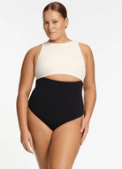 Jets Jets Versa Rib Cut Out High Neck One Piece- Black/Cream Jets Versa Rib Cut Out High Neck One Piece- Black/Cream Splash Swimwear Womens Swimwear