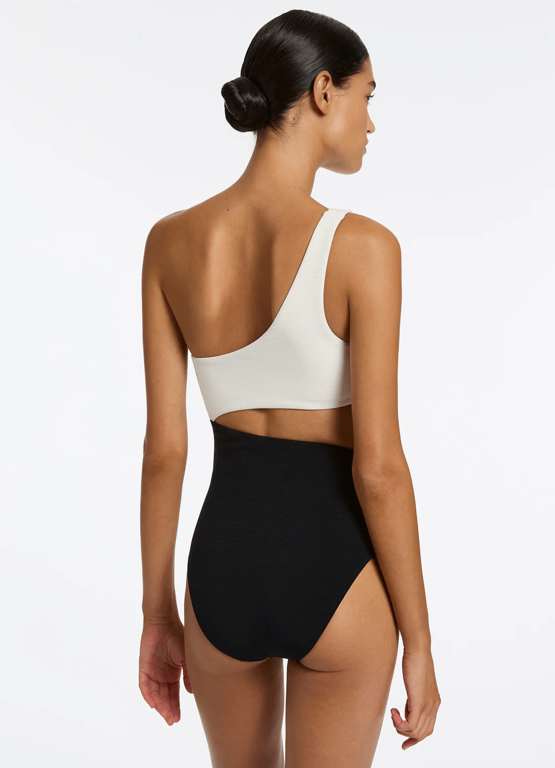 Jets Jets Versa Rib One Shoulder One Piece- Black/Cream Jets Versa Rib One Shoulder One Piece- Black/Cream Splash Swimwear Womens Swimwear