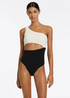 Jets Jets Versa Rib One Shoulder One Piece- Black/Cream Jets Versa Rib One Shoulder One Piece- Black/Cream Splash Swimwear Womens Swimwear