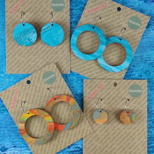 Kami-So DC1230009A Turquoise/Gold Multicolour Reversible Circle Hoop Recycled Paper Earrings Moe Moe Van Gogh Almond Blossoms Pippi Hoop Earrings