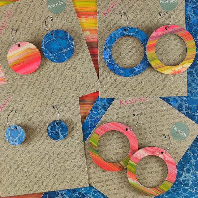 Kami-So Reversible Circle Recycled Paper Earrings Moe Moe Van Gogh Almond Blossoms Pippi Hoop Earrings Splash Swimwear