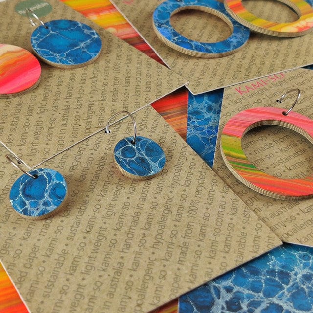 Kami-So Reversible Circle Recycled Paper Earrings Moe Moe Van Gogh Almond Blossoms Pippi Hoop Earrings Splash Swimwear