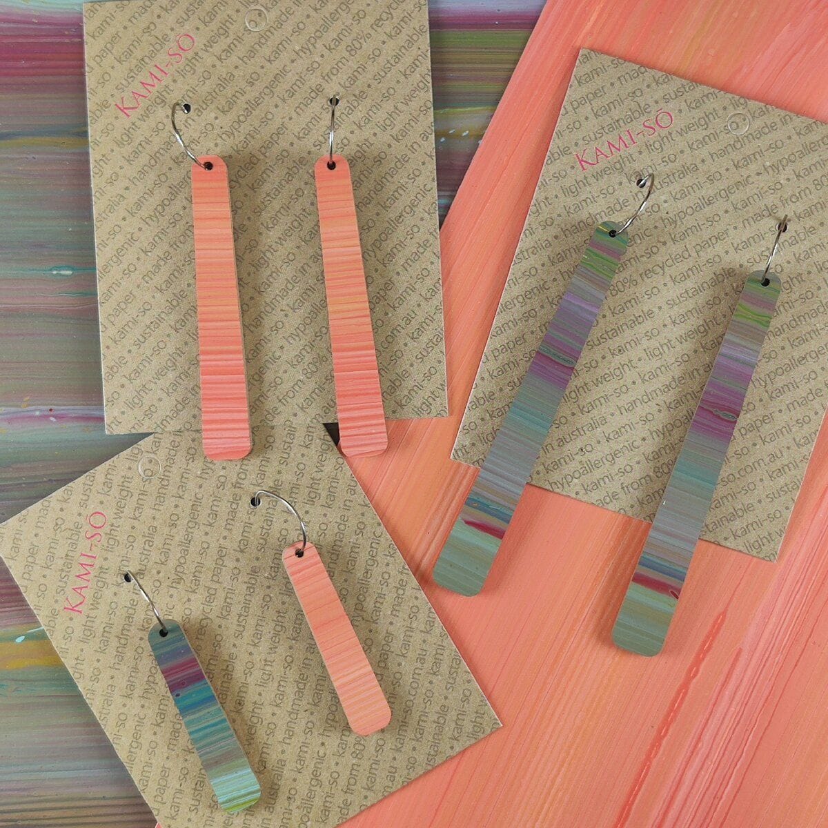 Kami-So Reversible Paddle Recycled Paper Earrings 98558341333337 Kami-So Reversible Paddle Recycled Paper Earrings Splash Swimwear Muted Multicolour Stripes/Peach Stripes 1000018322