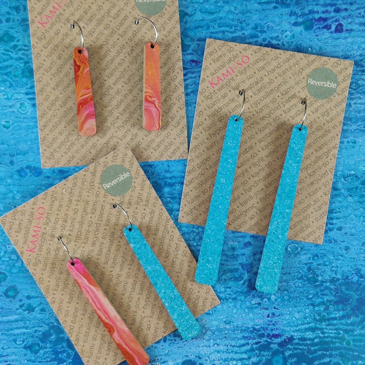 Kami-So Reversible Paddle Recycled Paper Earrings DPA230015B Kami-So Reversible Paddle Recycled Paper Earrings Splash Swimwear Red & Gold/Turquoise Speckle 1000018321
