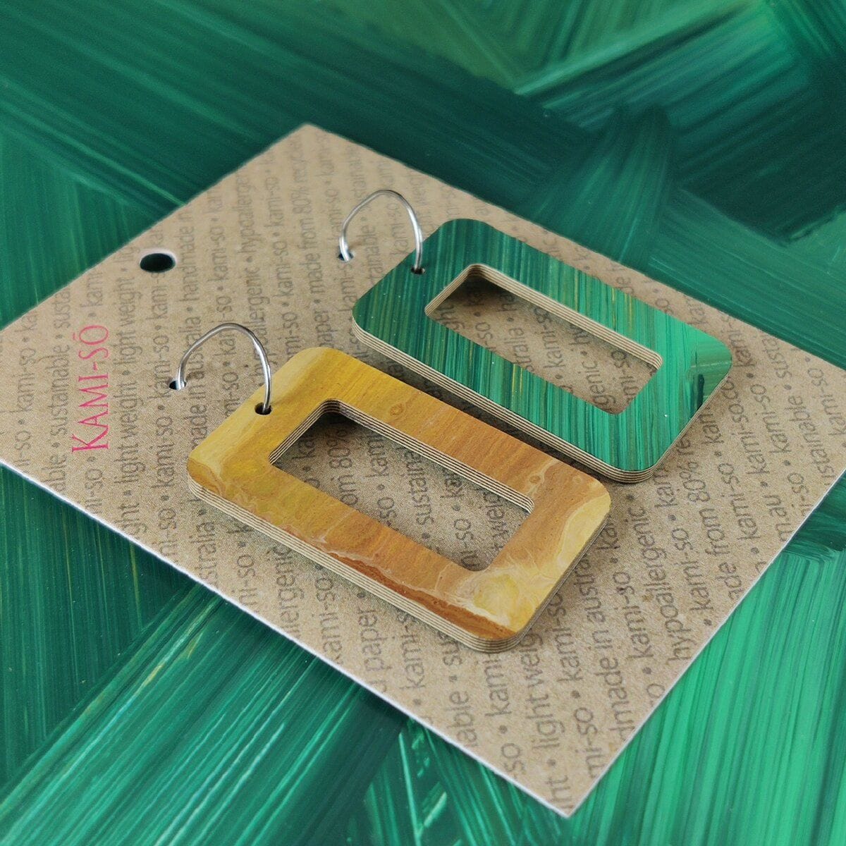 Kami-So Reversible Rectangle Hoop Recycled Paper Earrings Reversible Rectangle Hoop Recycled Paper Earrings Splash Swimwear