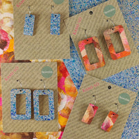 Kami-So Blue Silver Speckle/Pink & Earthy Multicolour Reversible Rectangle Hoop Recycled Paper Earrings