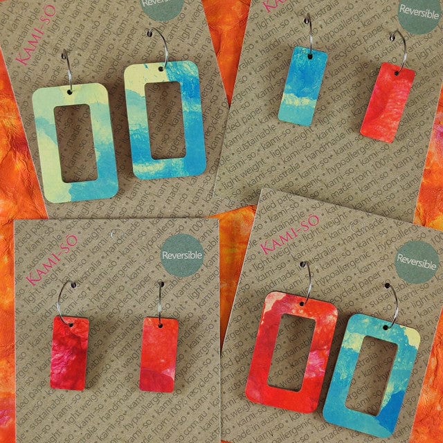 Kami-So Blue & White/Red&White Reversible Rectangle Hoop Recycled Paper Earrings