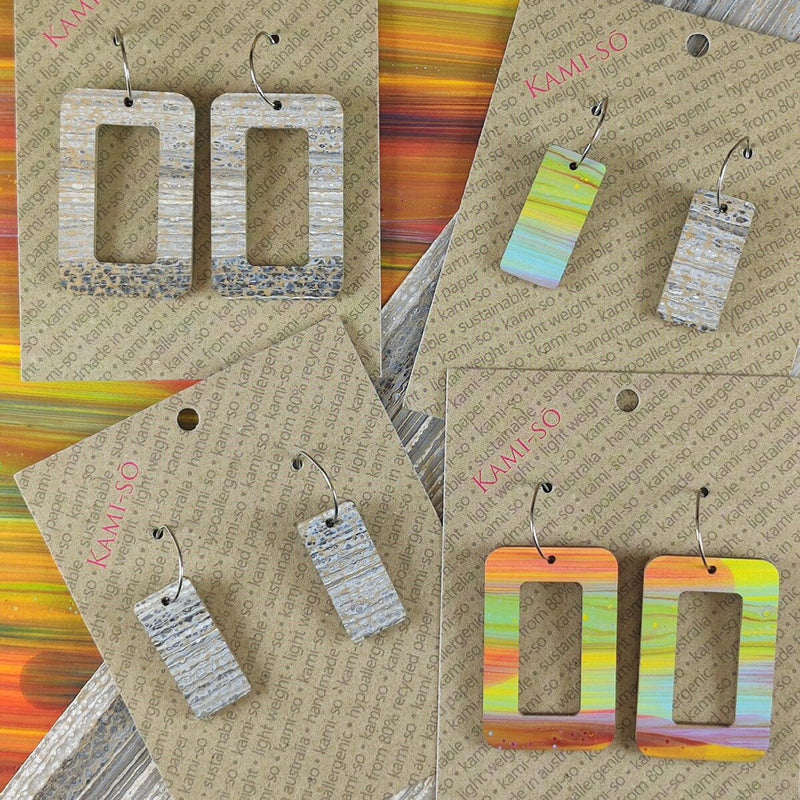 Kami-So Reversible Rectangle Hoop Recycled Paper Earrings Splash Swimwear Multicolour Stripe/Grey & Gold 1000018345