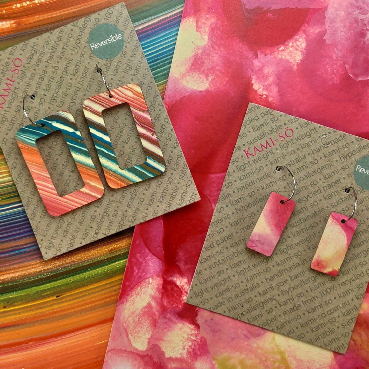 Kami-So Reversible Rectangle Hoop Recycled Paper Earrings 42455831391609 Reversible Rectangle Hoop Recycled Paper Earrings Splash Swimwear Multicolour Swipe/Rose Gold 1000018346
