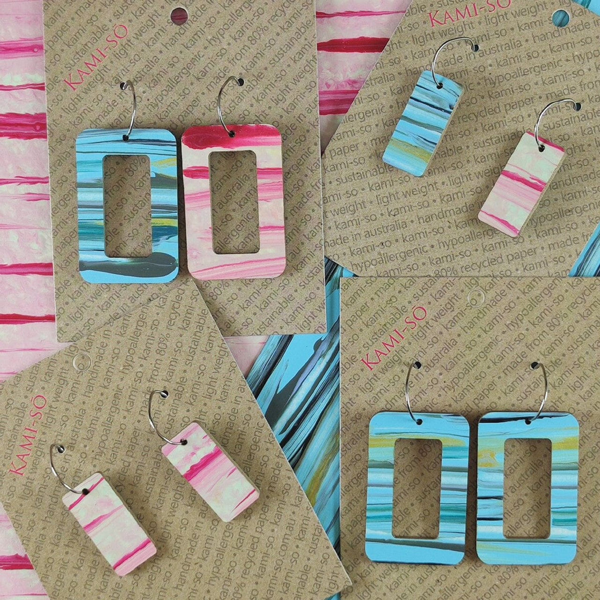 Kami-So Reversible Rectangle Recycled Paper Earrings Splash Swimwear Blue Swipe/Red Swipe 1000018348