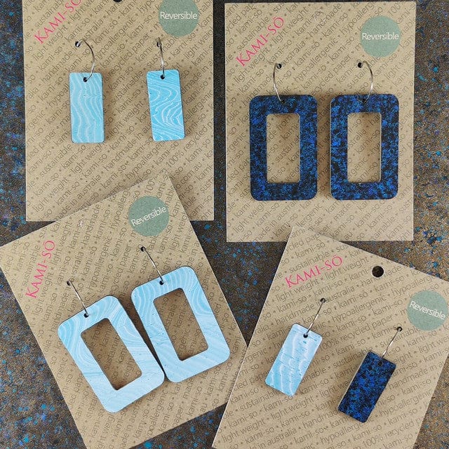 Kami-So Reversible Rectangle Recycled Paper Earrings Splash Swimwear Dark Blue Speckle/Light Blue Swirl 1000018347