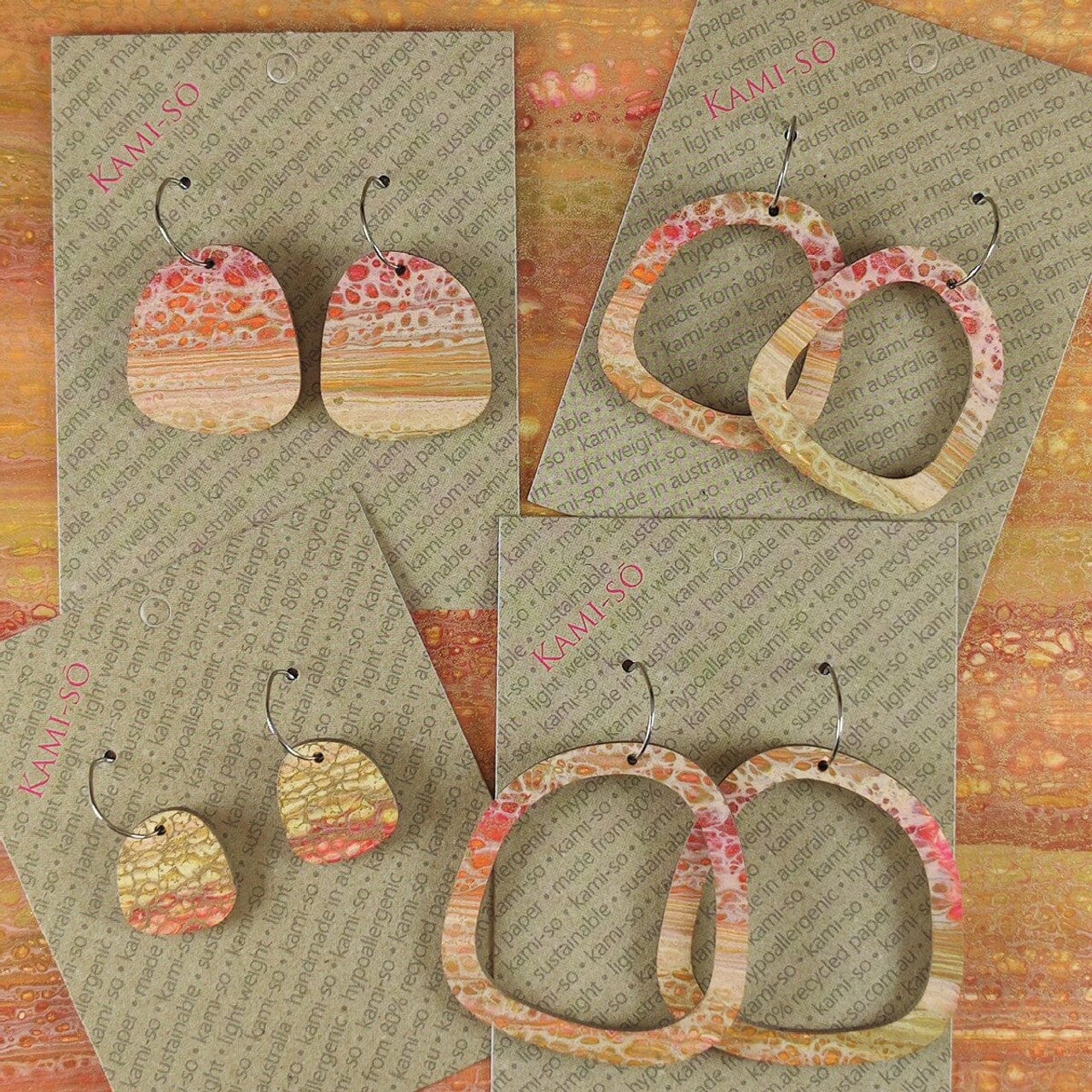 Kami-So Square Recycled Paper Earrings - Large Hoop Splash Swimwear Muted Red Orange & Gold Crackle 1000018381