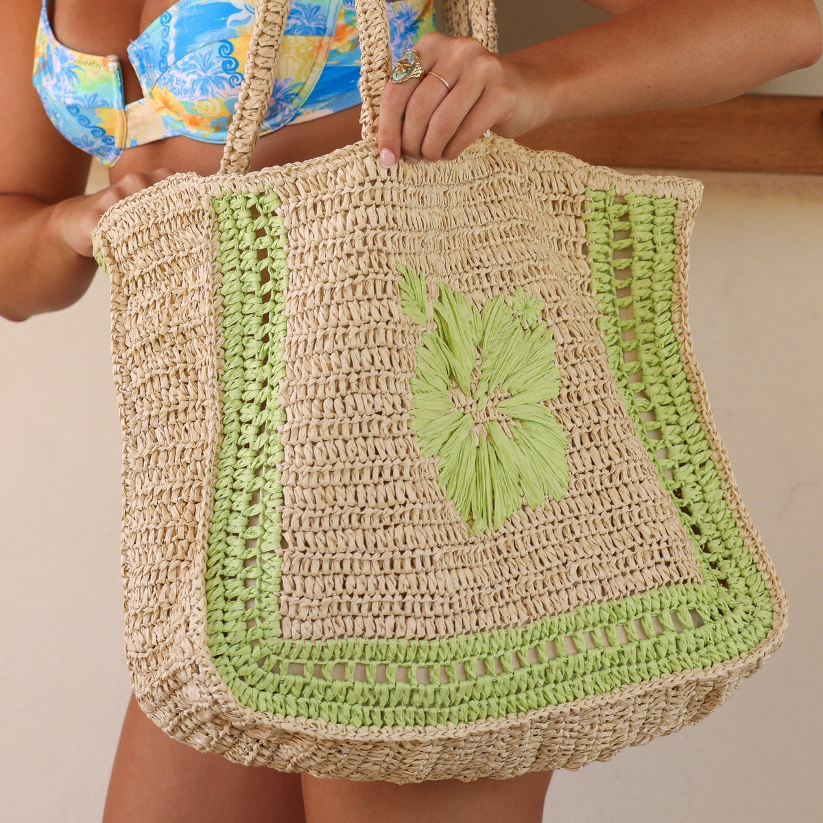 Kulani Kinis Kulani Kinis Hibiscus Straw Tote Bag - Pine Lime 17740-PILI-OS Kulani Kinis Hibiscus Straw Tote Bag - Pine Lime Splash Swimwear Bags O/S 840522542257