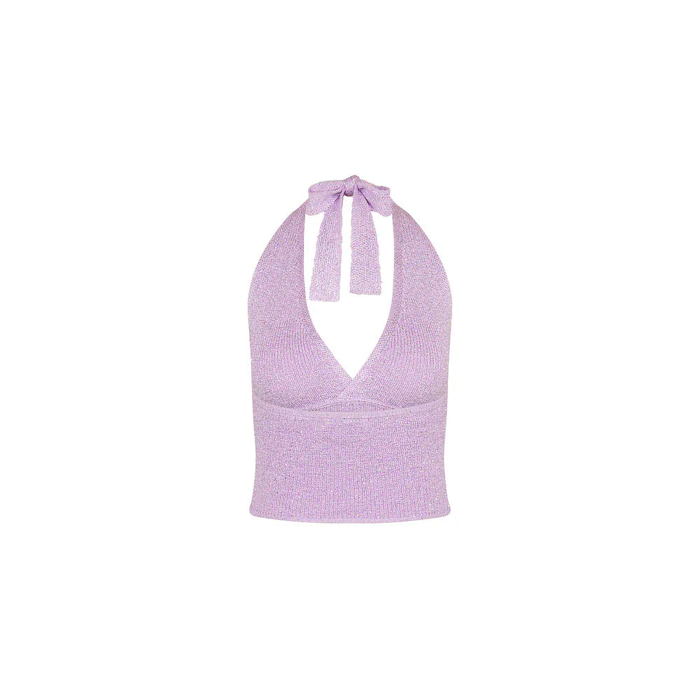 Kulani Kinis Kulani Kinis Lilac Glimmer Retro Tie Halter Knit Top Kulani Kinis Lilac Glimmer Retro Tie Halter Knit Top Splash Swimwear Clothing Top