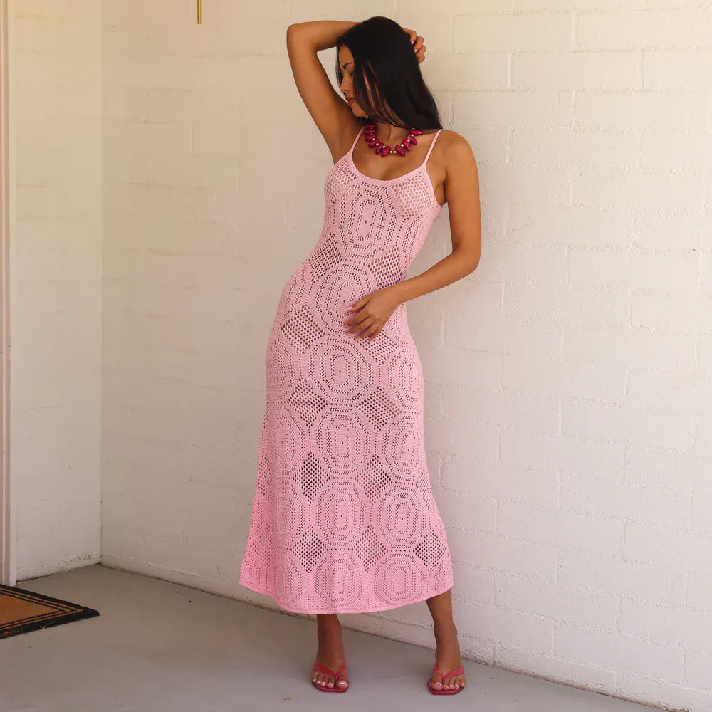 Kulani Kinis Kulani Kinis Pocket Pink Crochet Lace Knit Maxi Dress Kulani Kinis Pocket Pink Crochet Lace Knit Maxi Dress Splash Swimwear Dresses