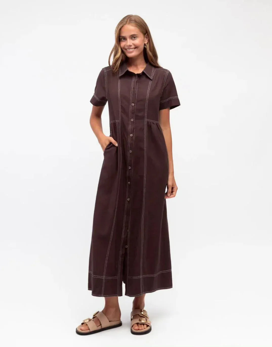 Label of Love Label Of Love Contrast Stitch Midi Dress - Chocolate Label Of Love Contrast Stitch Midi Dress - Chocolate Splash Swimwear Dresses
