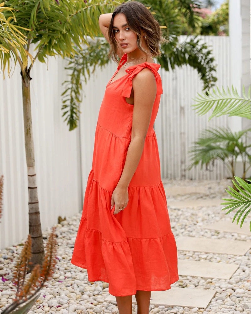 Tie Detail Linen Dress - Orange - Label of Love - Splash Swimwear  - Dresses, June24, Label of Love, new, Womens, womens clothing - Splash Swimwear 