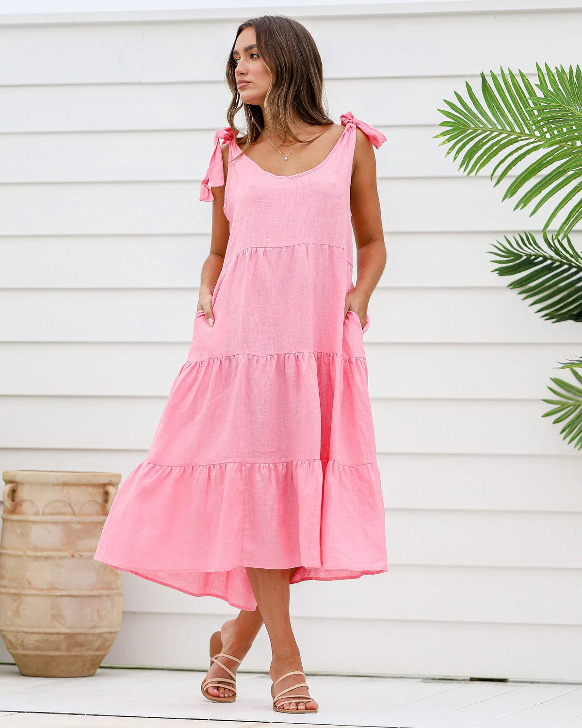 Tie Detail Linen Dress - Pink - Label of Love - Splash Swimwear  - Dresses, June24, Label of Love, new, Womens, womens clothing - Splash Swimwear 