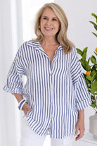 LaSofia La Sofia Serena Button Linen Shirt - Navy Stripe La Sofia Serena Button Linen Shirt - Navy Stripe Splash Swimwear Clothing Top