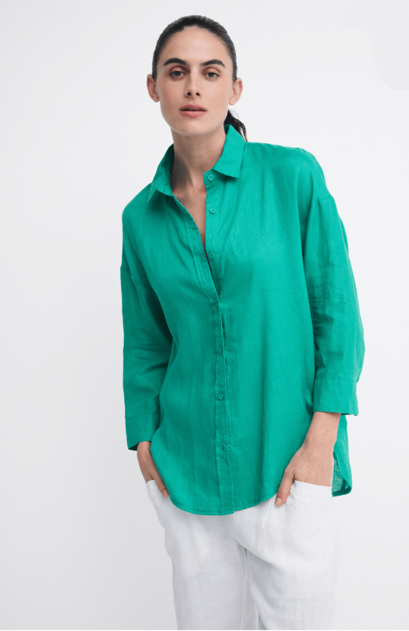 Little Lies Little Lies Linen Boyfriend Shirt - Green Little Lies Linen Boyfriend Shirt Splash Swimwear Shirts
