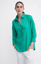 Little Lies Little Lies Linen Boyfriend Shirt - Green Little Lies Linen Boyfriend Shirt Splash Swimwear Shirts