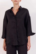Little Lies Little Lies Linen Boyfriend Shirt R19121611 Little Lies Linen Boyfriend Shirt Splash Swimwear Shirts Black / S 1000029921