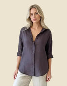 Little Lies Little Lies Linen Boyfriend Shirt R19121611 Little Lies Linen Boyfriend Shirt Splash Swimwear Shirts Dark Cherry / S 1000029924