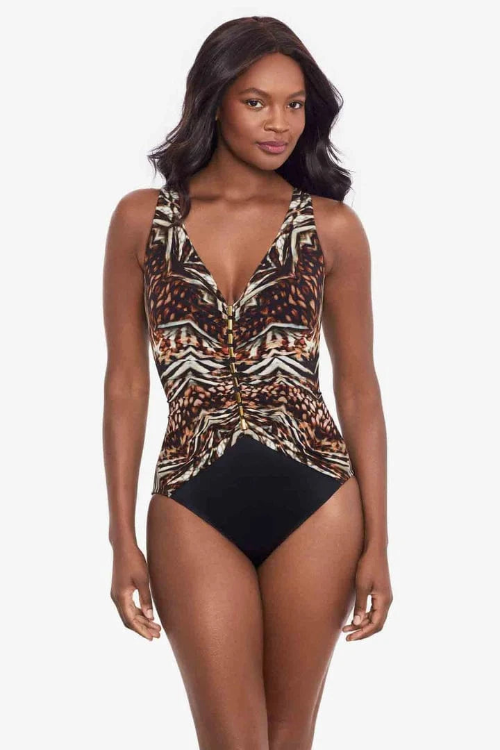 Miracle Suit Tribal Tigress Charmer V Neck Tummy Control Swimsuit - Black Multi 6552269 Tribal Tigress Charmer V Neck Tummy Control Swimsuit - Black Multi Splash Swimwear One Pieces 16