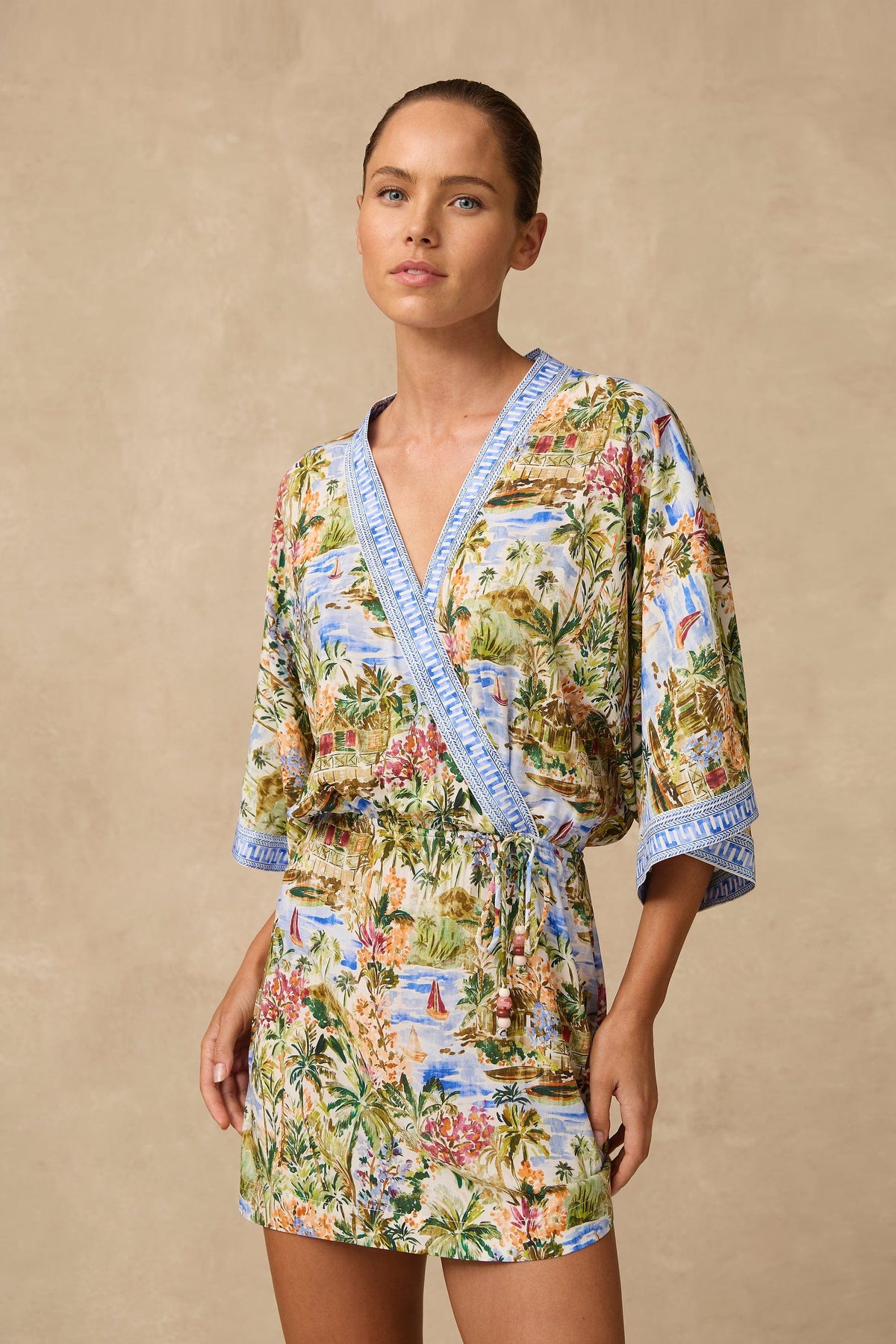 Monte & Lou Monte & Lou Costa Kimono Mini Dress - Costa Monte & Lou Costa Kimono Mini Dress - Costa Splash Swimwear Dresses