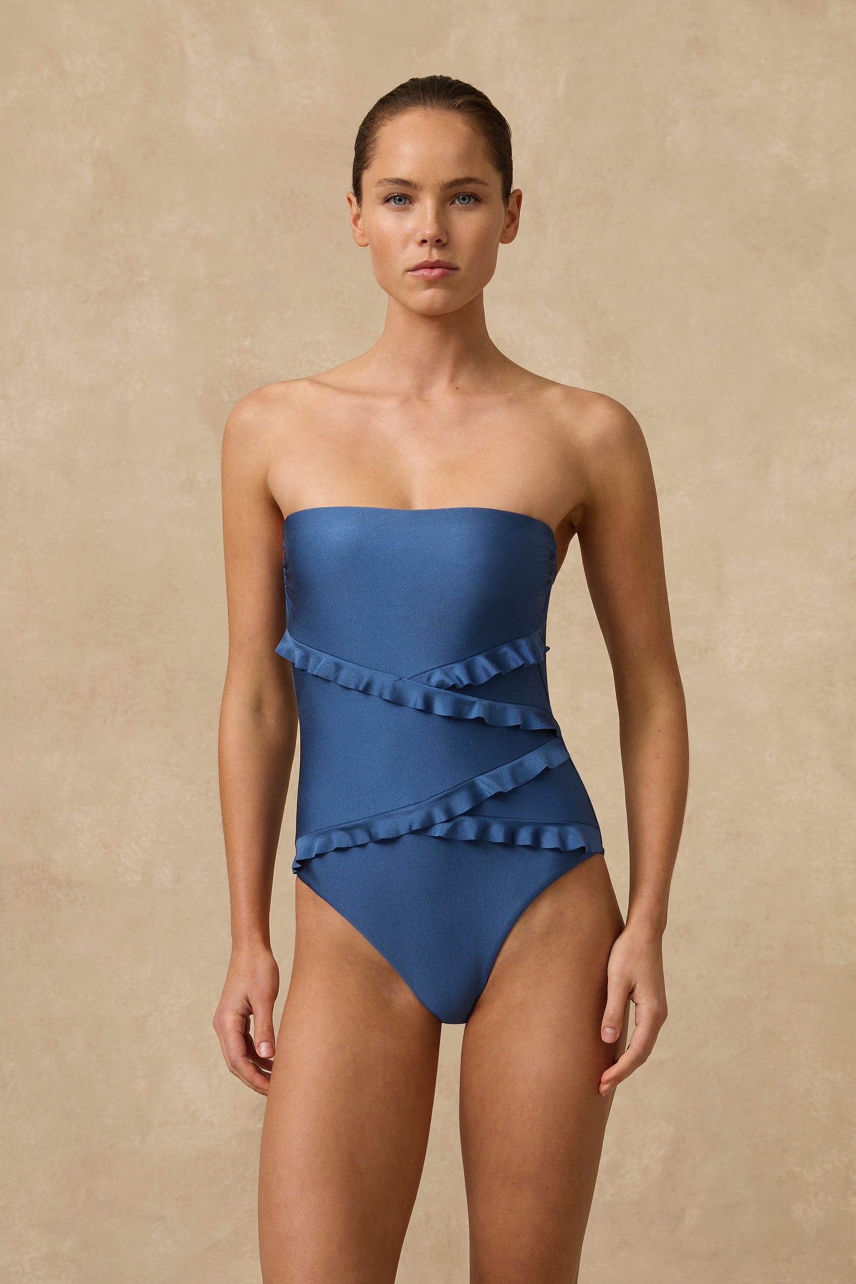 Monte & Lou Monte & Lou Lustre Spliced Frill Bandeau One Piece - Lustre Denim Lustre Spliced Frill Bandeau One Piece | Monte & Lou Splash Swimwear One Pieces