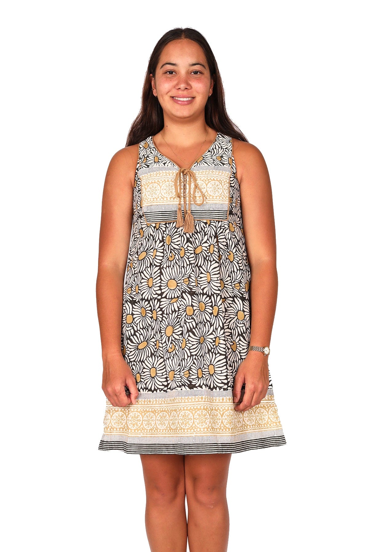 OM Designs Dresses Jaipur Dress Short - Black Sunflower Blockprint