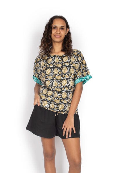 OM Designs Tops Jaydee Reversible Top - Gold Blooms / Turquoise Blooms