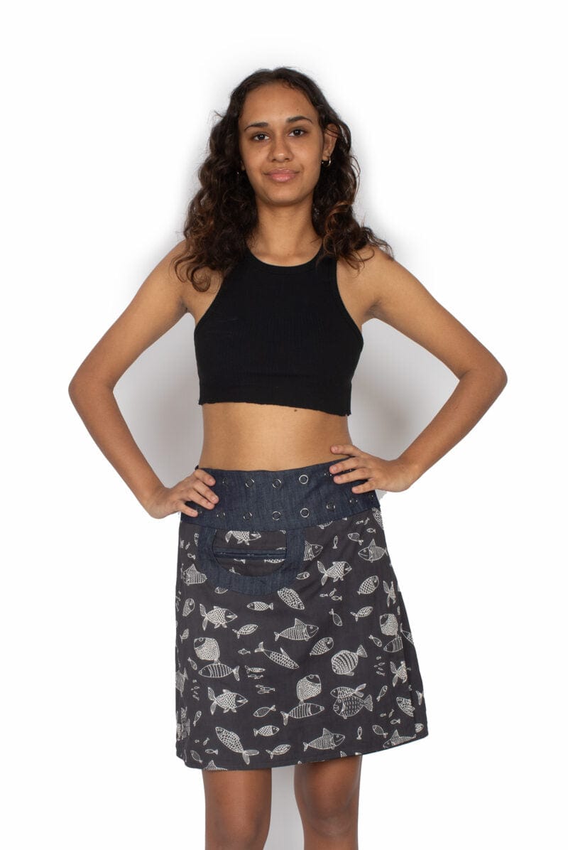 OM Designs Skirts New Energy Reversible Skirt  - Grey Fish / Midnight Dragonfly