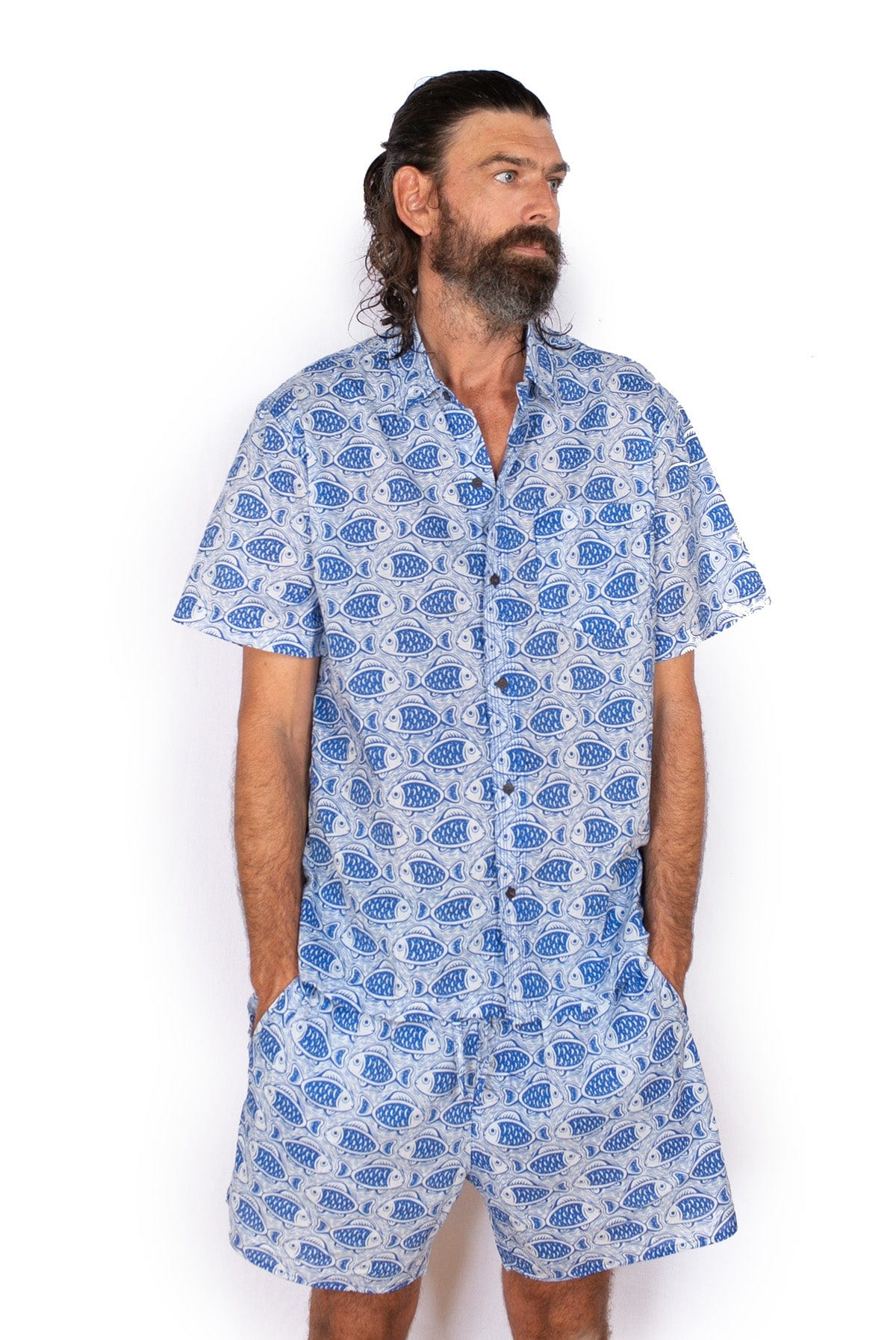 OM Designs Om Design Mens Shirt - Blue Fish Om Design Mens Shirt - Blue Fish Splash Swimwear Womens Clothing